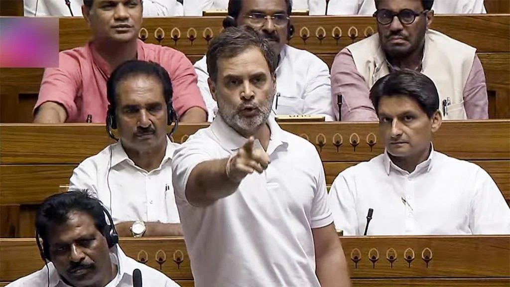 Rahul Gandhi pointing a finger at the ruling party in his maiden speech -LokSabha - July 2024