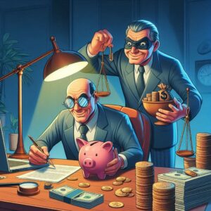 Quant Mutual Fund -A person analyzing market in a dark room with table lamp on and a shadow figure of a criminal mutual fund company trying to manipulate his analysis from above.